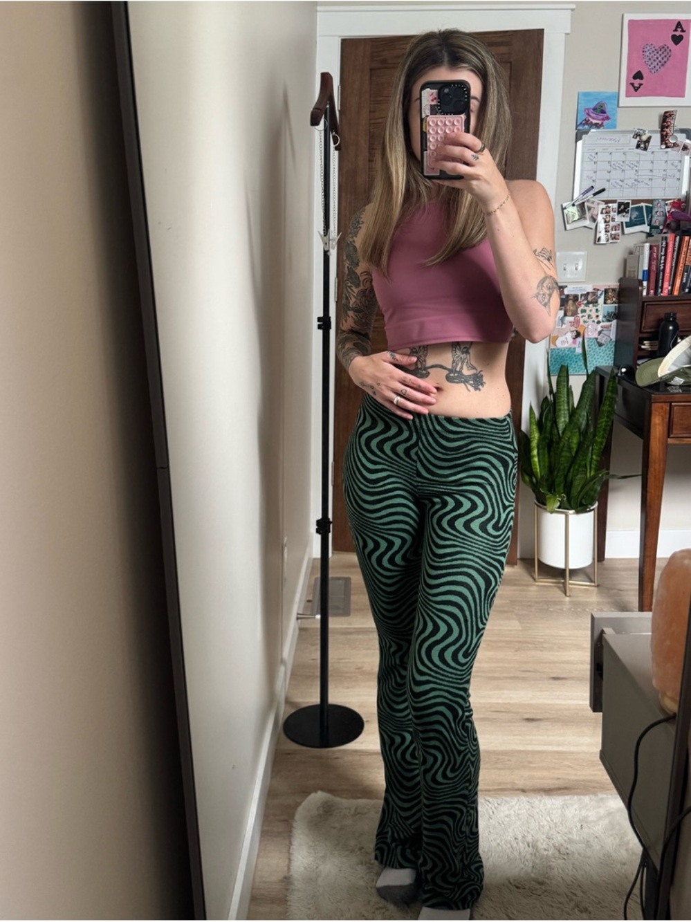 Y2K Green Psychedelic Flare Pants | Groovy Swirl Print Low Rise Stretch Leggings